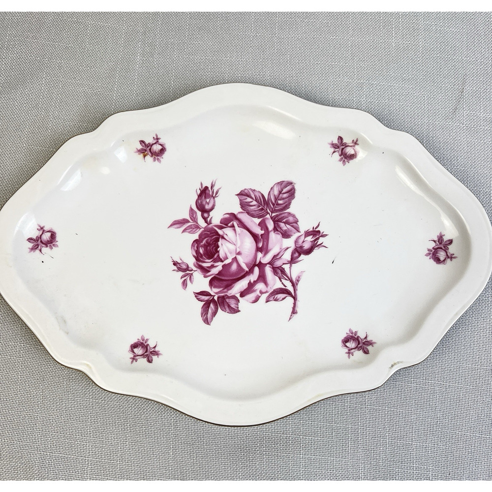 Bohemian Czechoslovakia 12" Serving Platter Roses Pink Gold Vintage Cottagecore